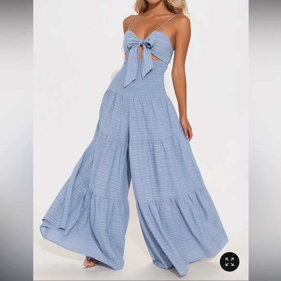 Fashion Nova Pants - Fashion Nova Light Blue Smocked Wide Leg Jumpsuit